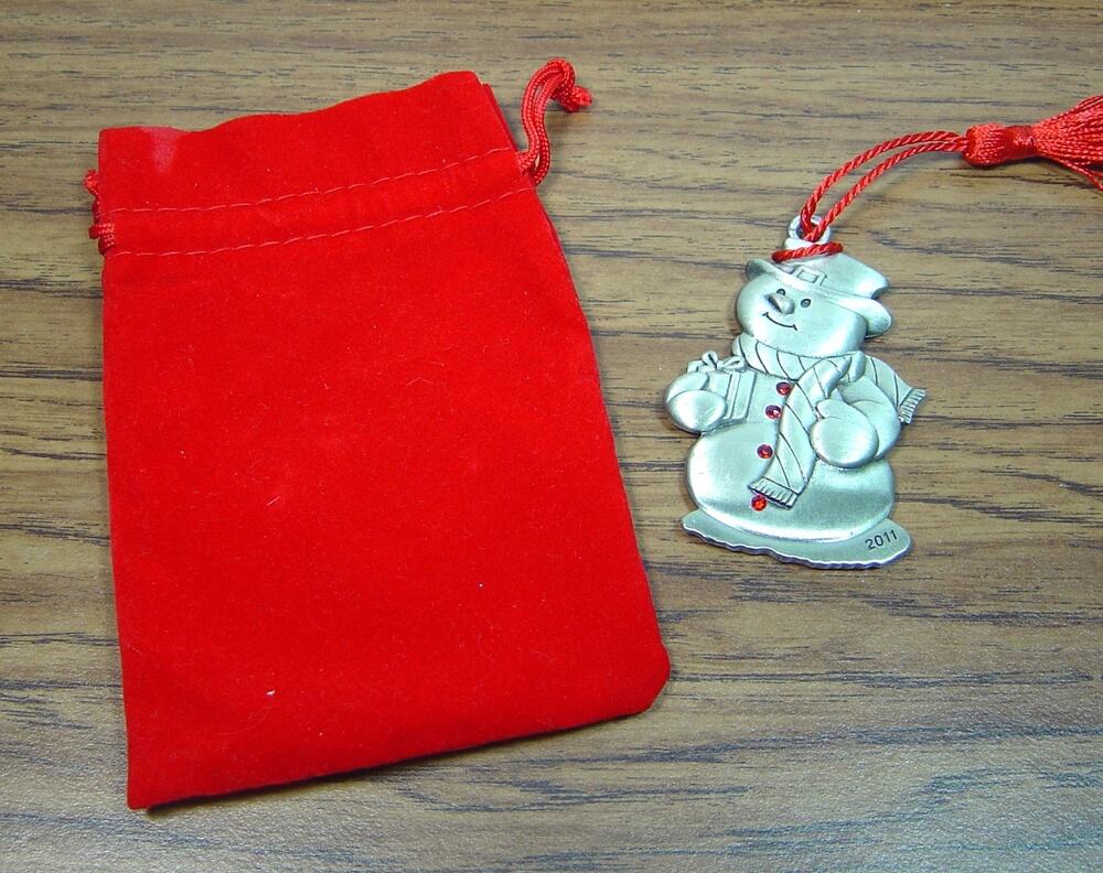 AVON PEWTER ORNAMENT-SNOWMAN WITH RED RHINESTONE ACCENTS-2011-RED VELVET BAG